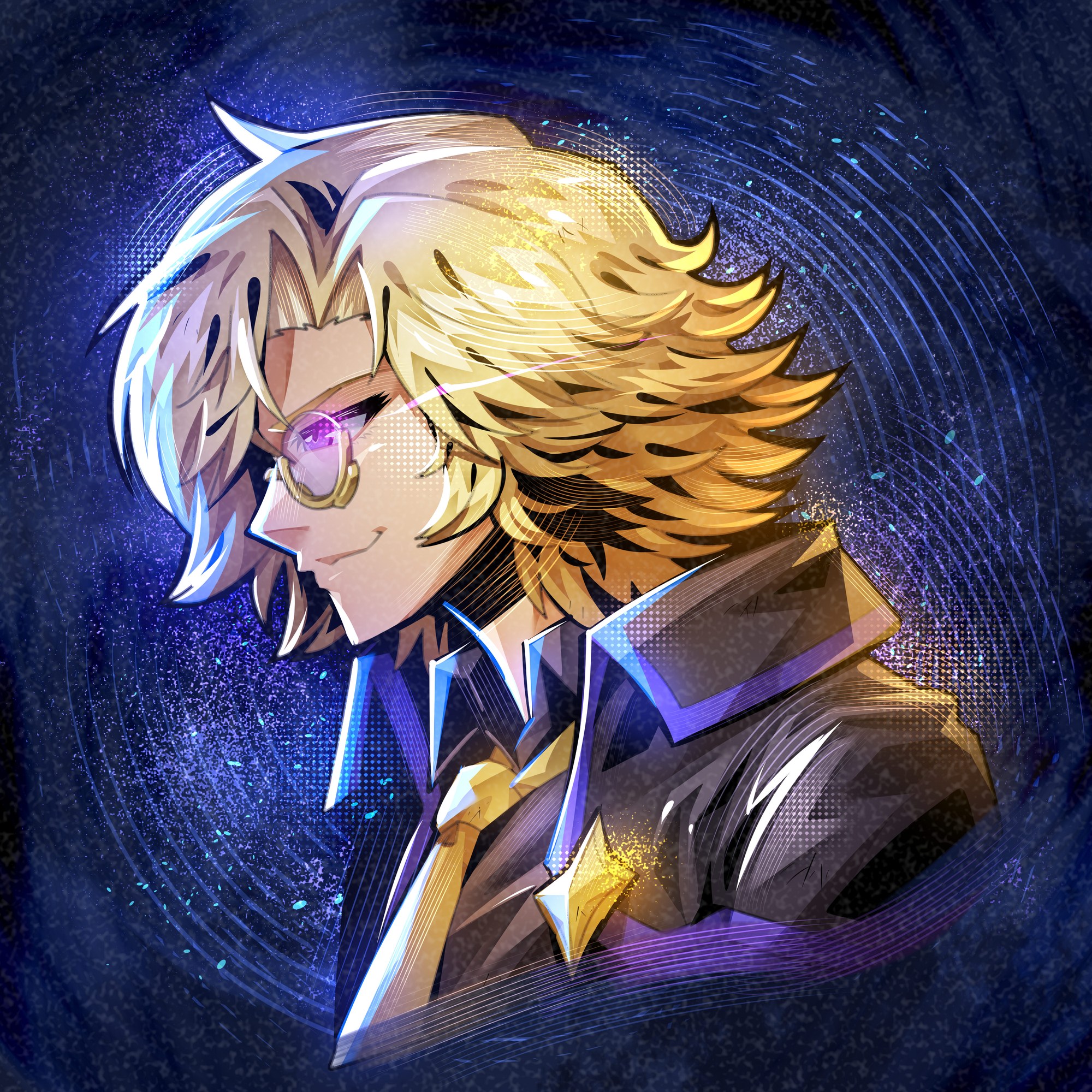 Profile portrait of Axaeon in golden light against a swirling starfield