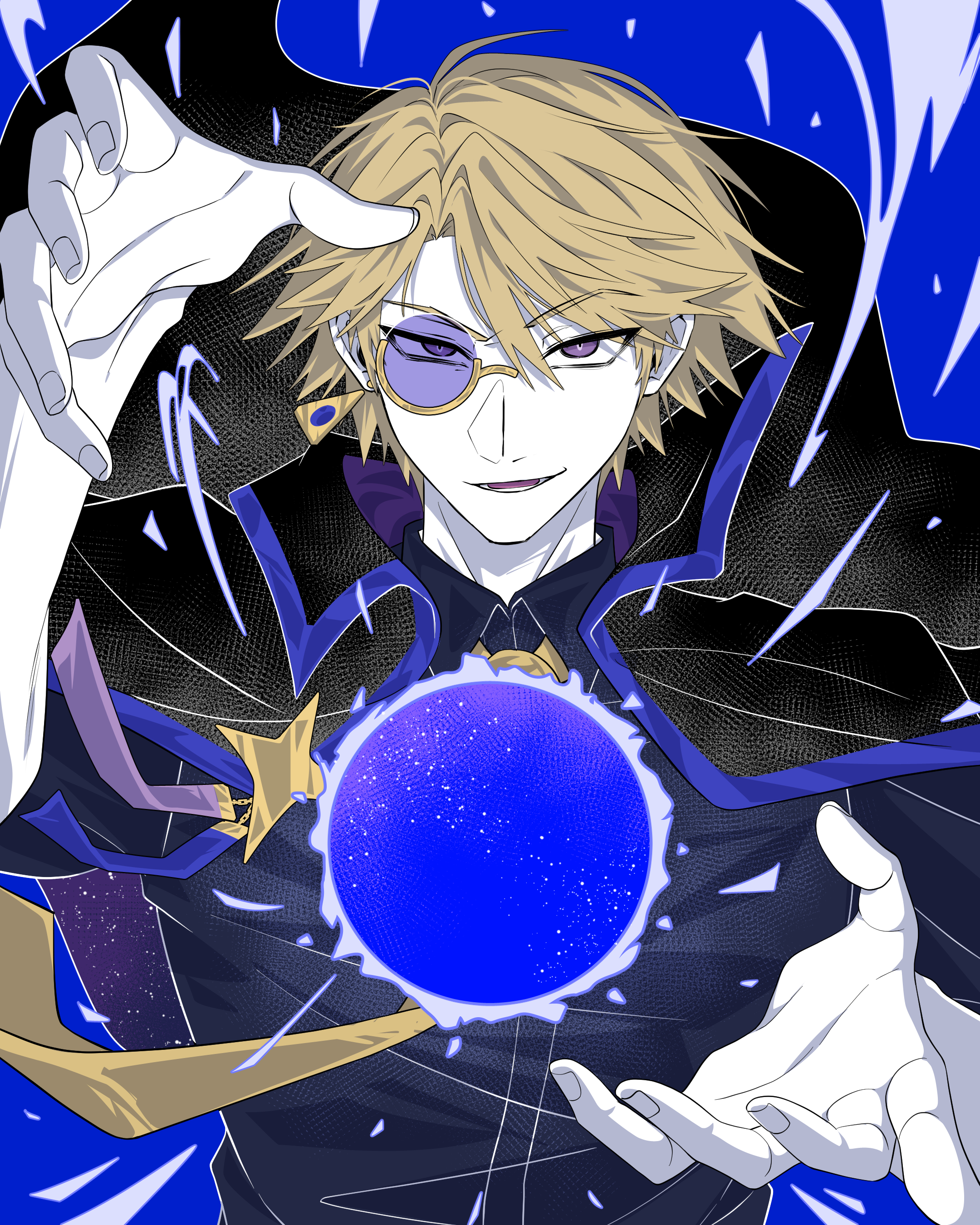 Axaeon conjuring a deep-blue orb between outstretched hands, cape billowing