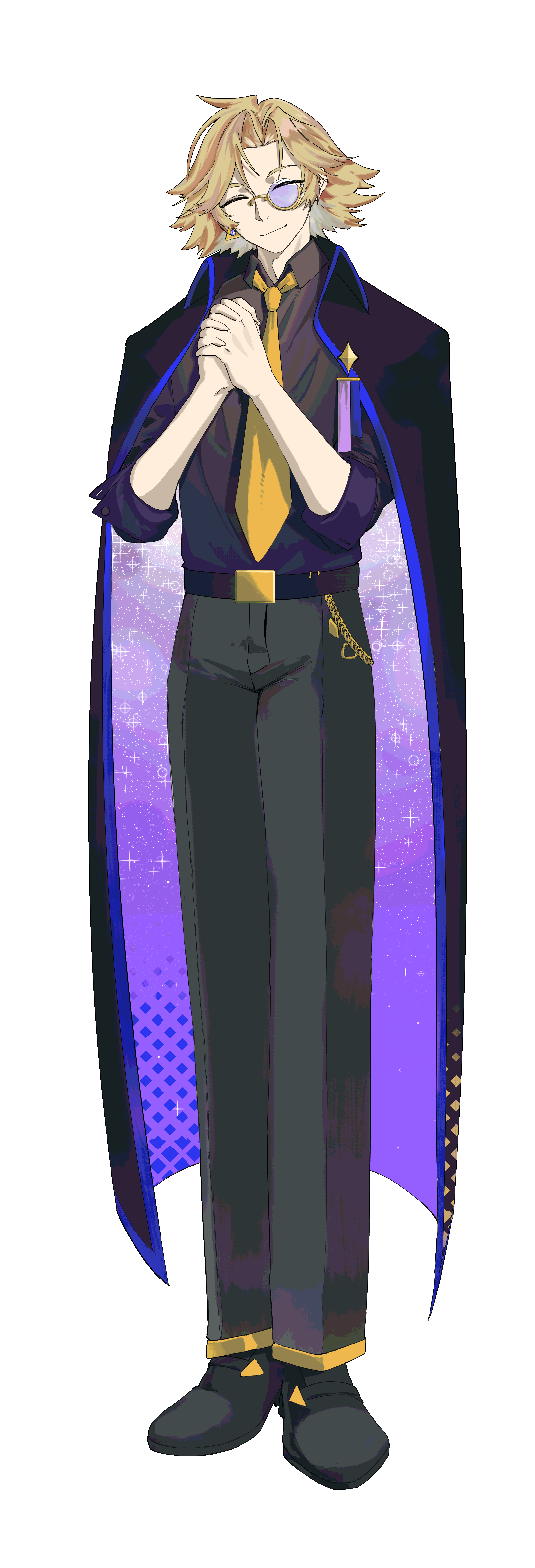 Full-body Axaeon with hands clasped, cape lined with a starry expanse