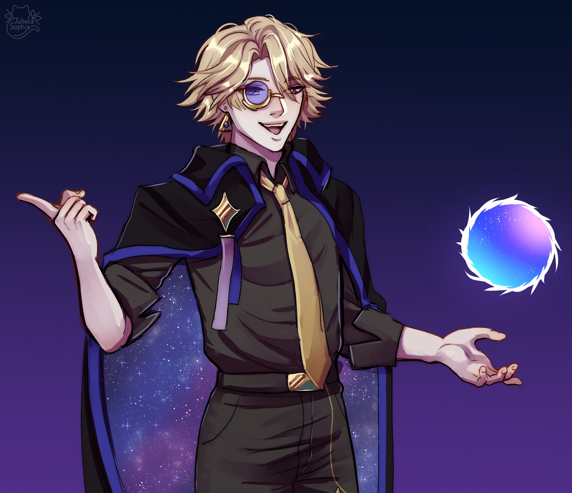 Axaeon gesturing playfully toward a floating galaxy orb, cape lined with stars