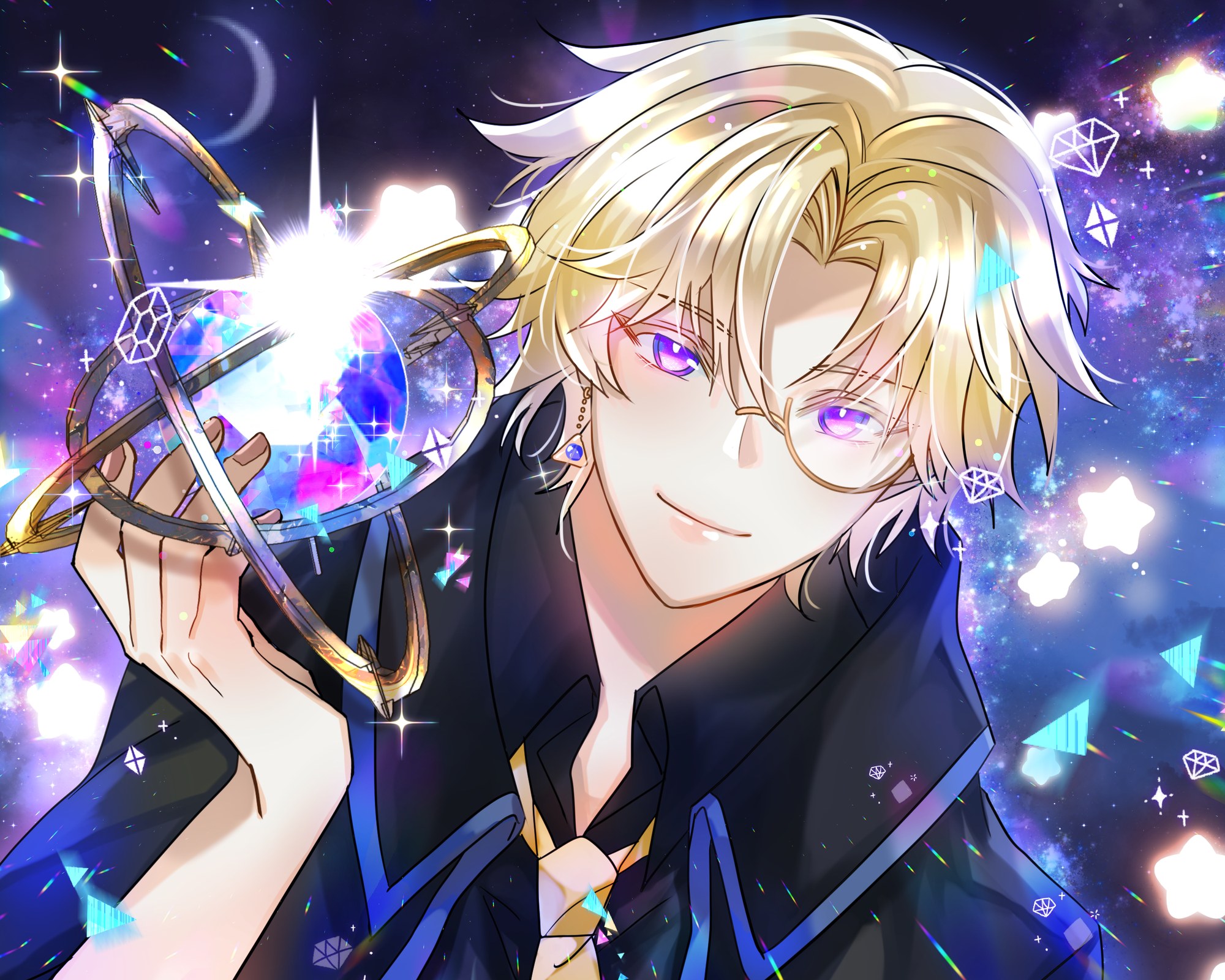 Axaeon smiling softly, holding a sparkling armillary sphere among holographic stars