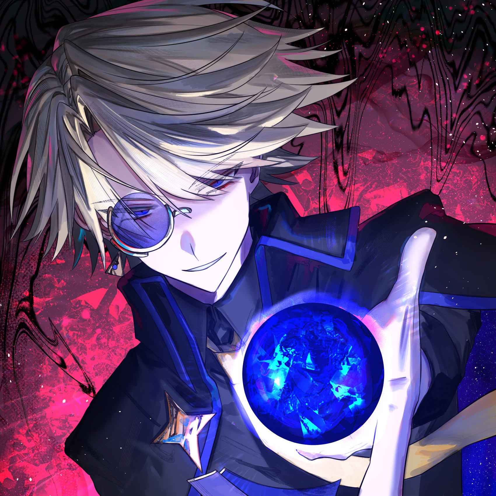 Axaeon cradling a glowing blue orb against a crimson, glitching sky