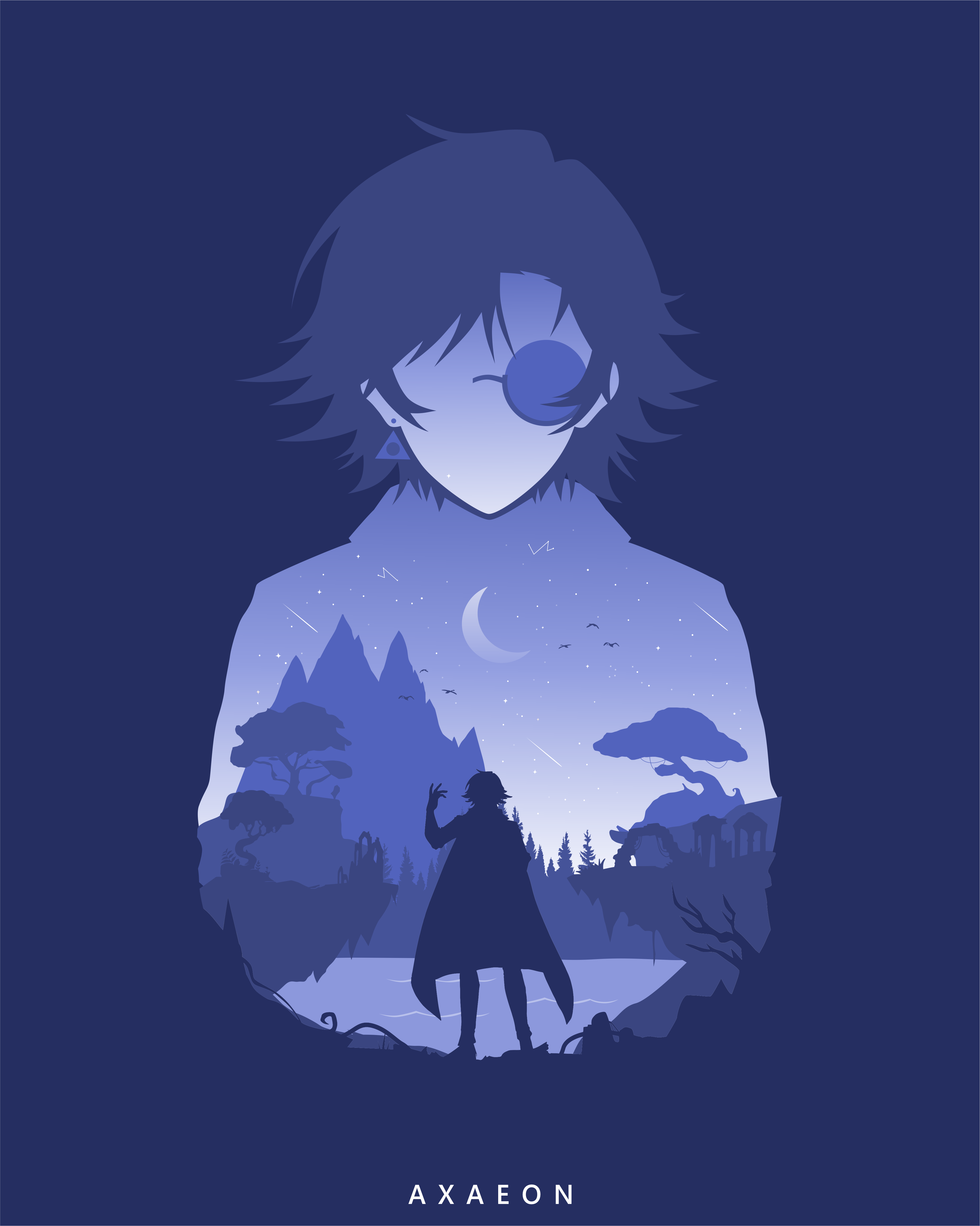 Minimalist silhouette of Axaeon containing a moonlit valley landscape