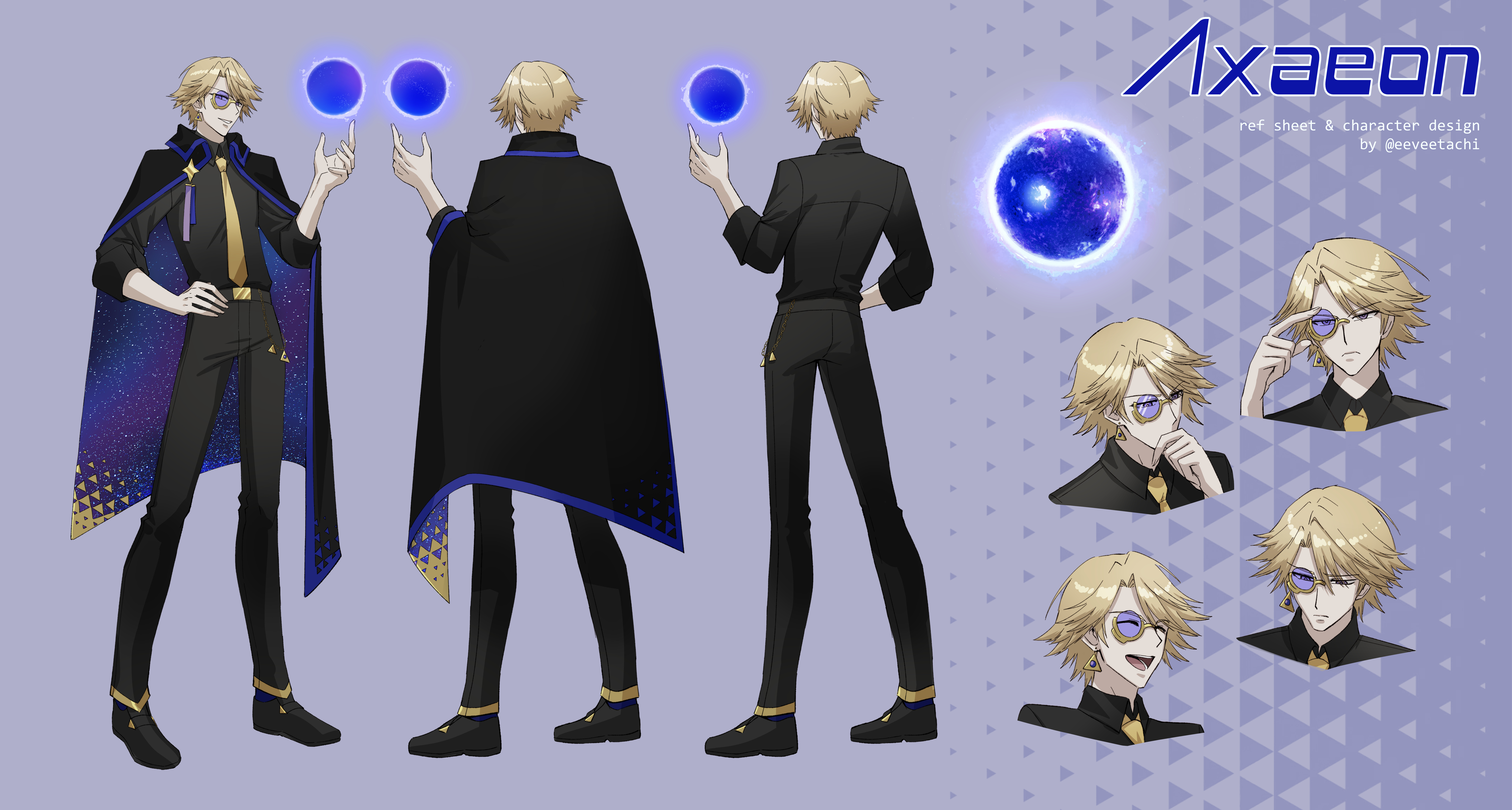 Character design reference sheet for Axaeon