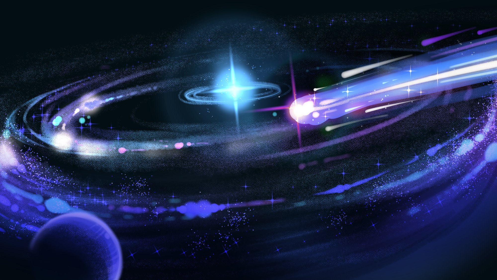 An orb of energy and light streaking through a starry galaxy