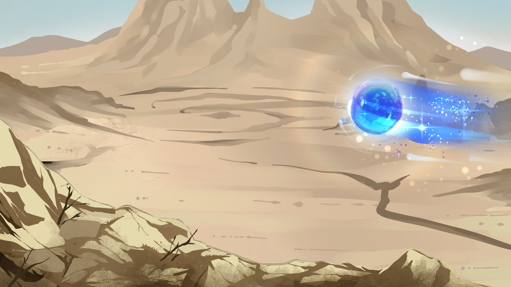The orb descending over a cracked desert valley
