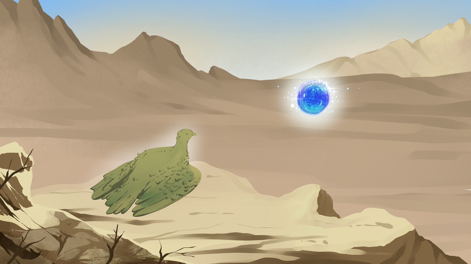 A pale-green bird-like creature lying on a cliff as the orb approaches