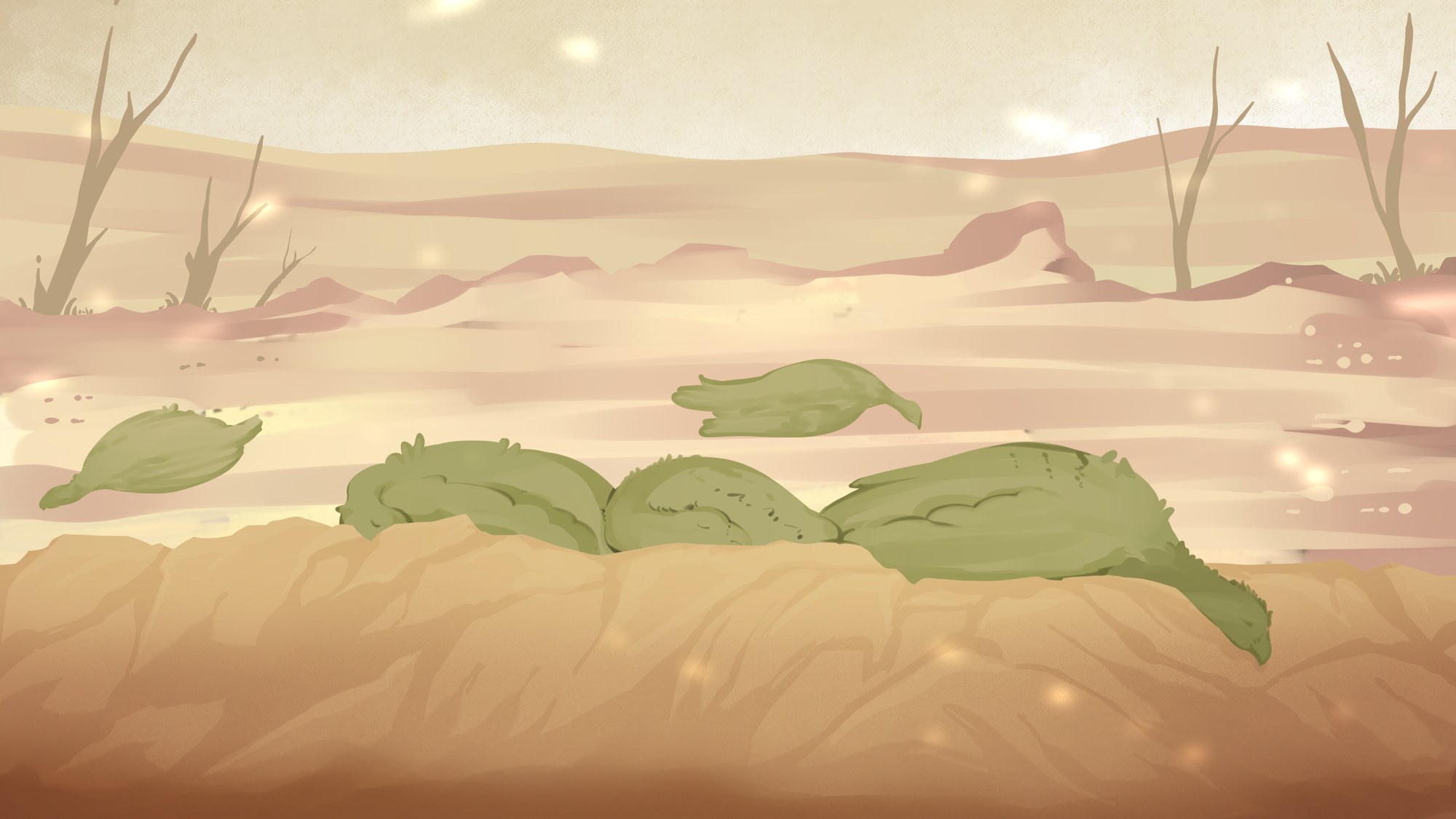 Fallen bird-like creatures lying together on barren ground