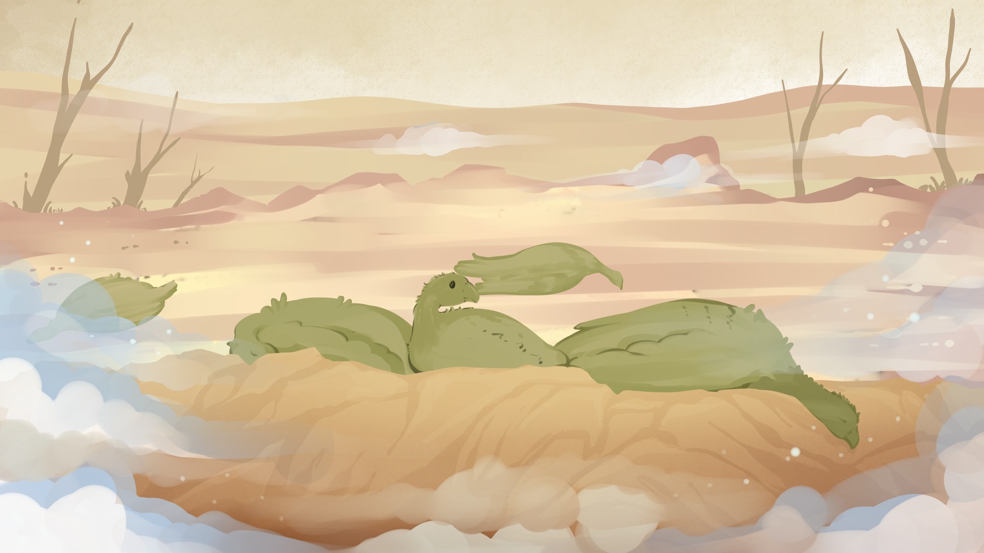 The dying creature raising its head amid an encroaching blue mist