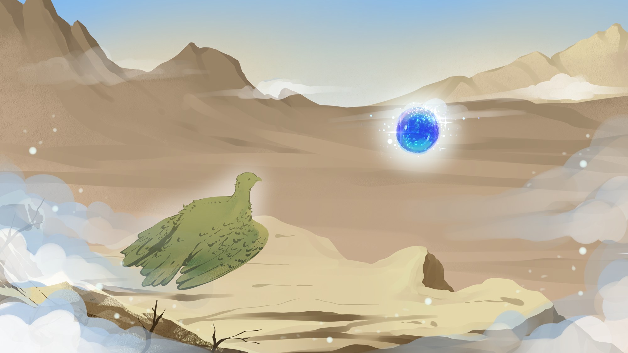The creature and the orb together as the blue mist of the Presence swirls around them