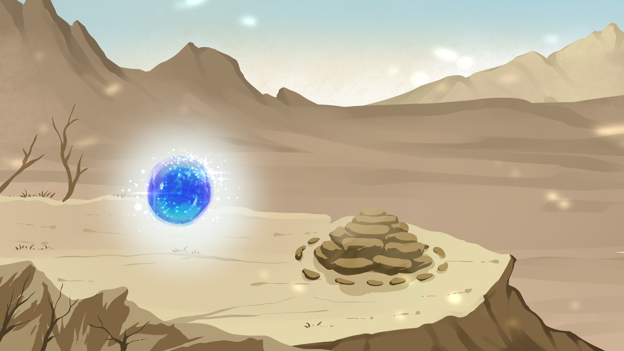 The orb beside a cairn of stones on the cliffside