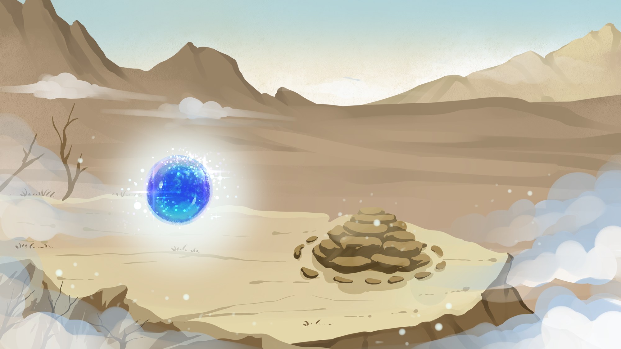 The orb and the mist of the Presence beside the cairn