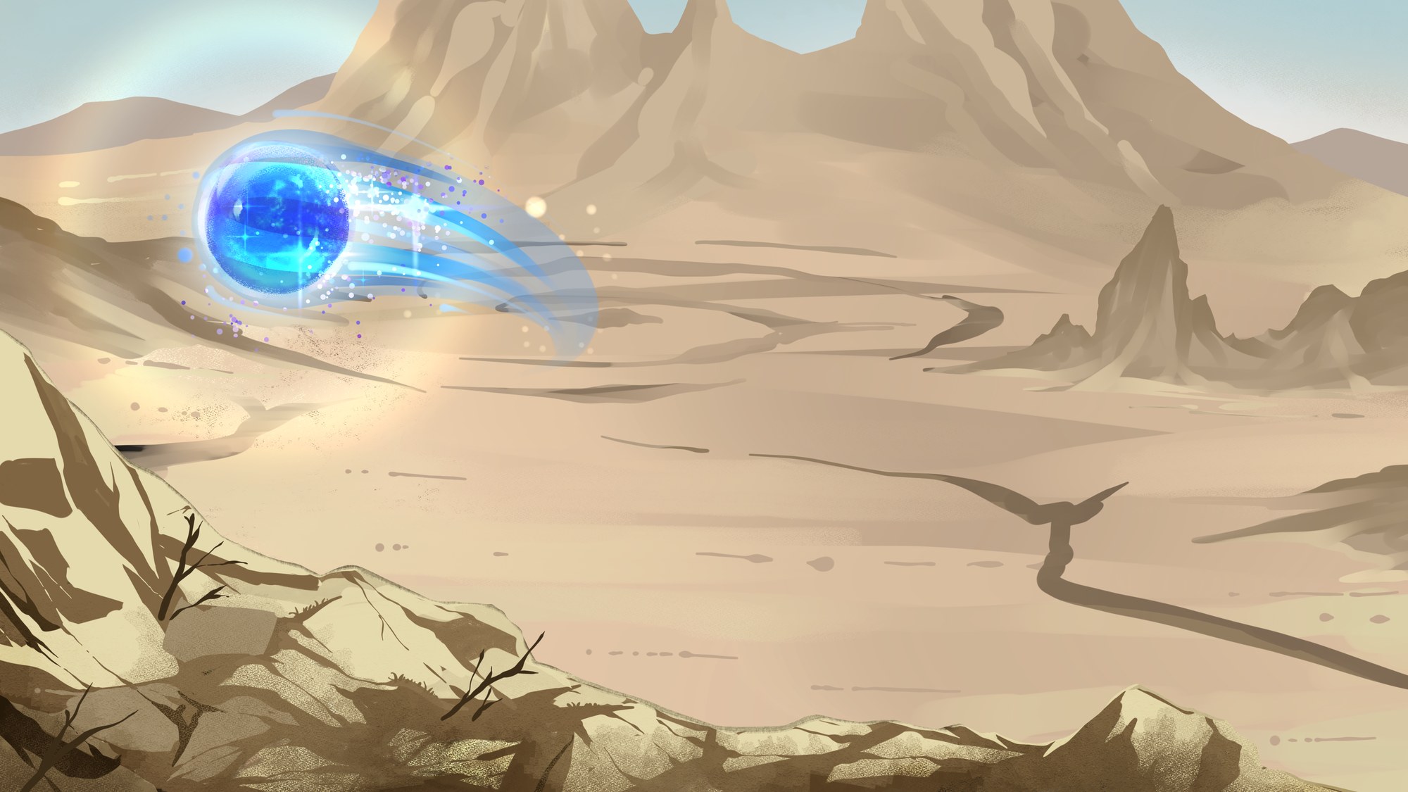 The orb speeding away from the desert valley, back toward the stars