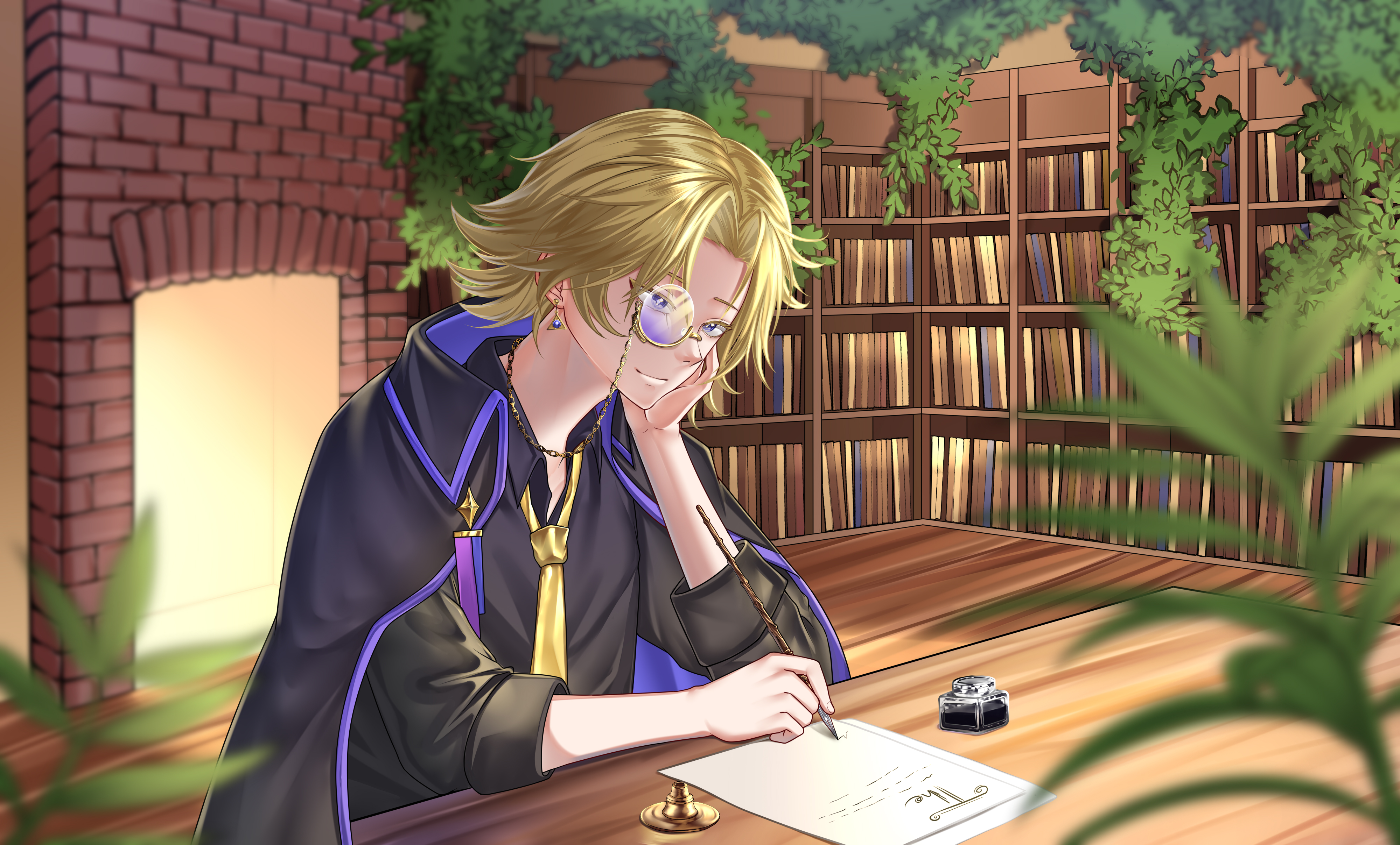 Axaeon writing with a quill at a desk in an ivy-grown library