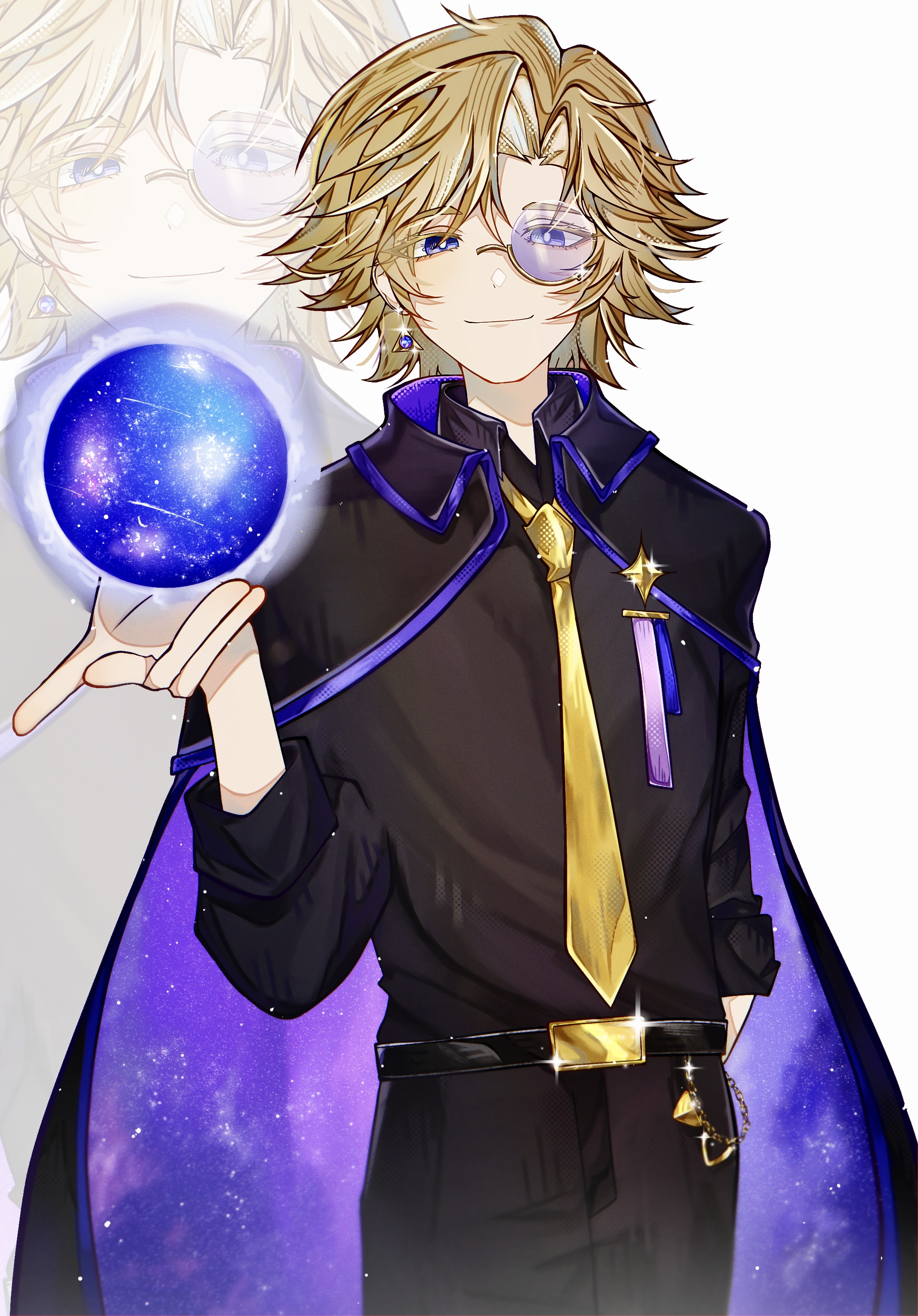 Axaeon balancing the galaxy orb on one finger, cape flowing with nebulae